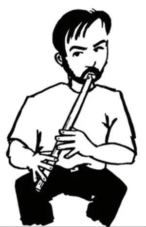  A cartoon of David Ledsam, a man with short dark hair and a beard, playing the low whistle.